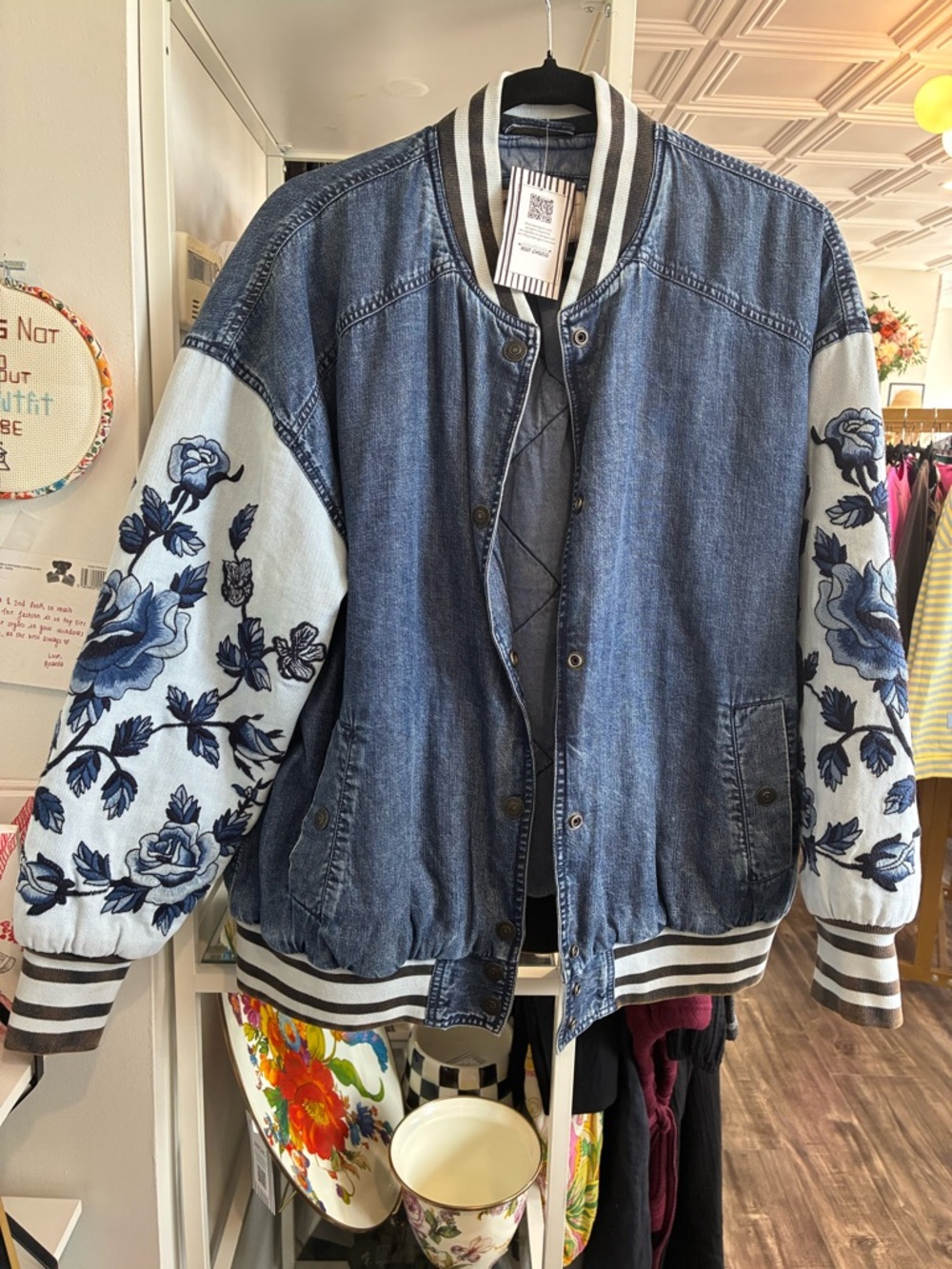 Free People team spirit Embroidered Blue Denim Bomber Jacket size S - Picture 3 of 5